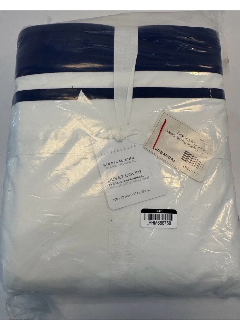 Pottery Barn Morgan Stripe Duvet Cover King Cal King White Navy Cotton New